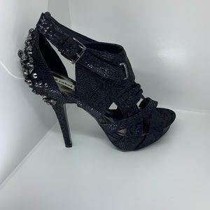 Black platform sandal with rhinestones